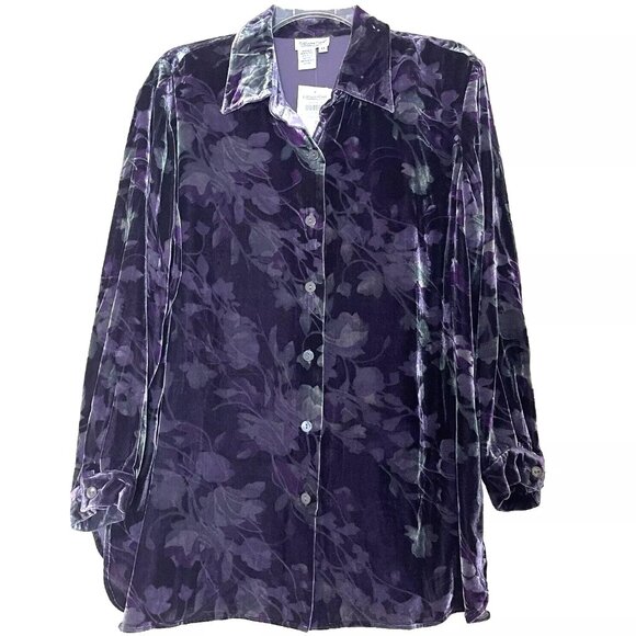 Coldwater Creek Purple Dark Floral Velvet Tunic Top Blouse 1X Button Front Moody - Picture 1 of 13